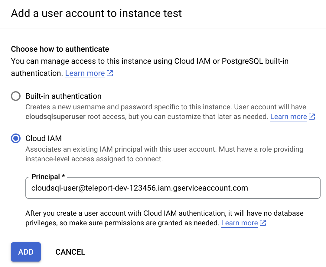 Cloud SQL 사용자 계정 추가