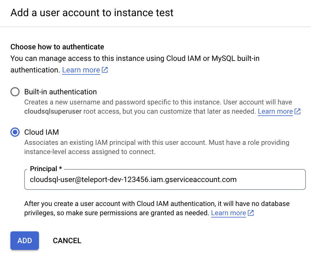 Cloud SQL 사용자 계정 추가