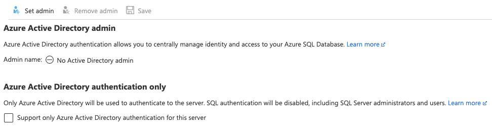 Azure SQL Server Azure Active Directory 관리자 페이지