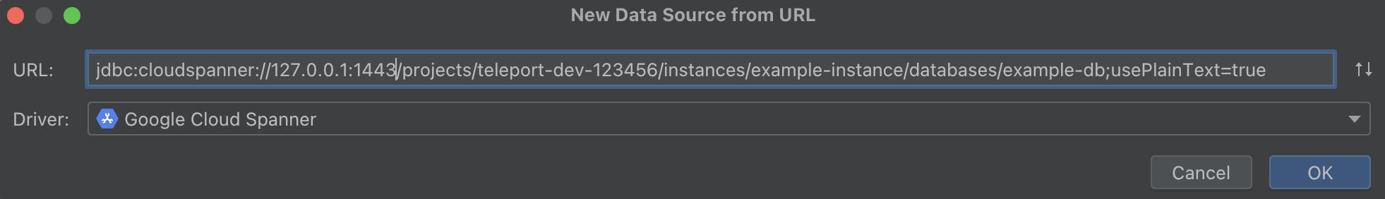 DataGrip Spanner JDBC URL로 데이터 소스 생성