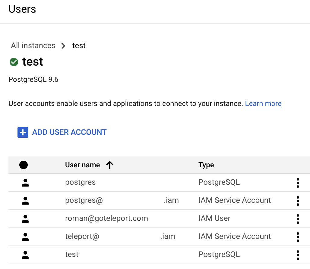 Cloud SQL 사용자 계정 테이블