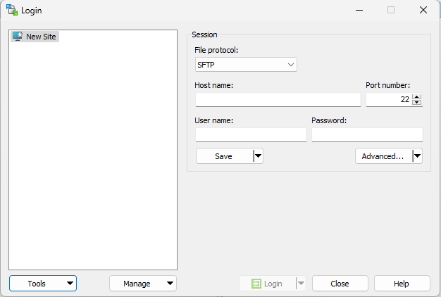 WinSCP 사이트 관리자 창
