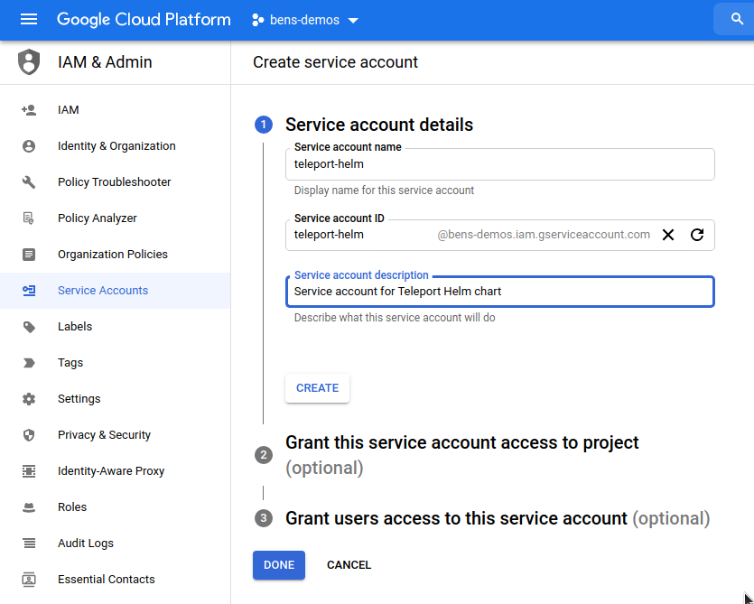 서비스 계정 세부 정보
입력