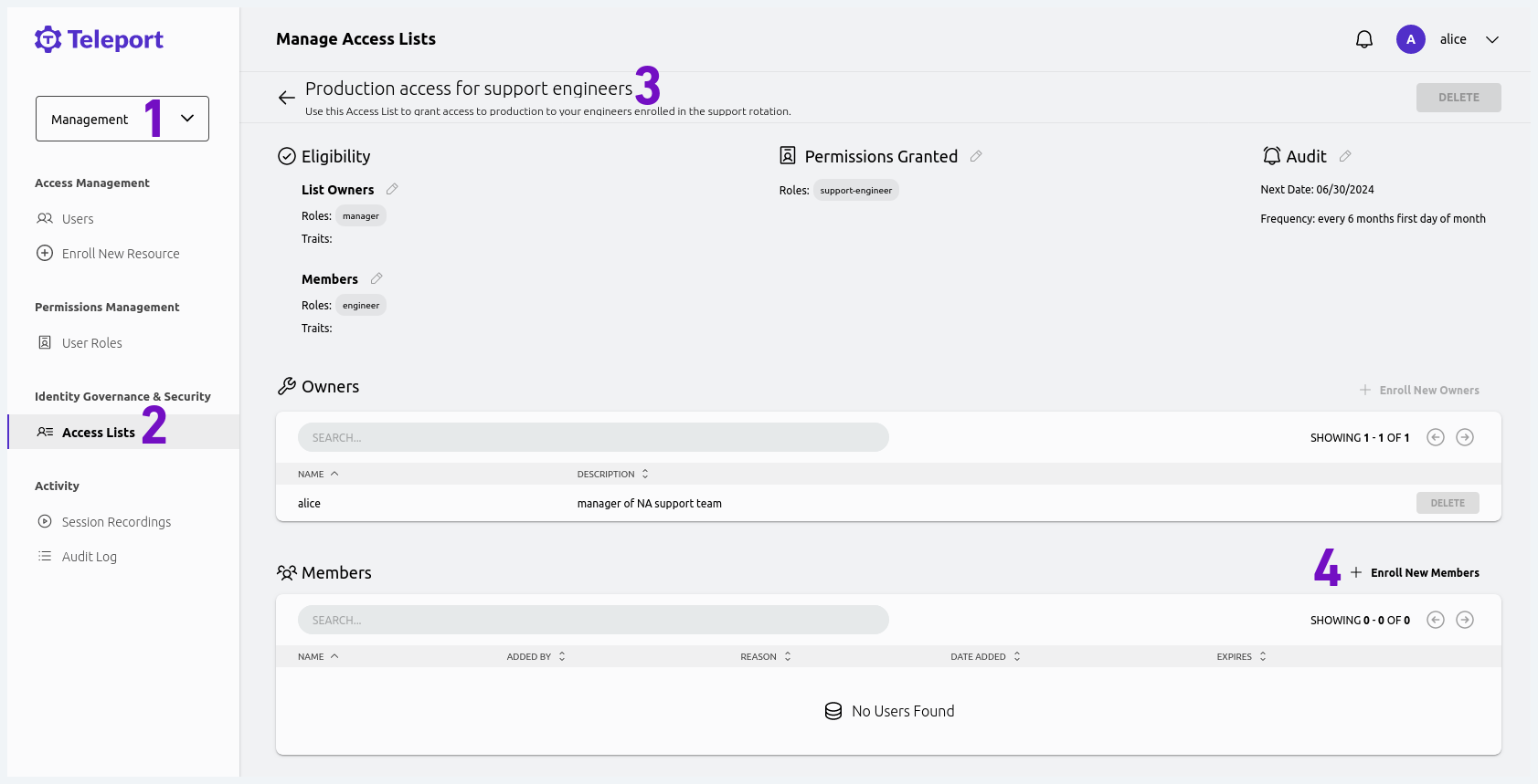 Access List와 "Enroll Member" 버튼이 있는 웹 UI 스크린샷