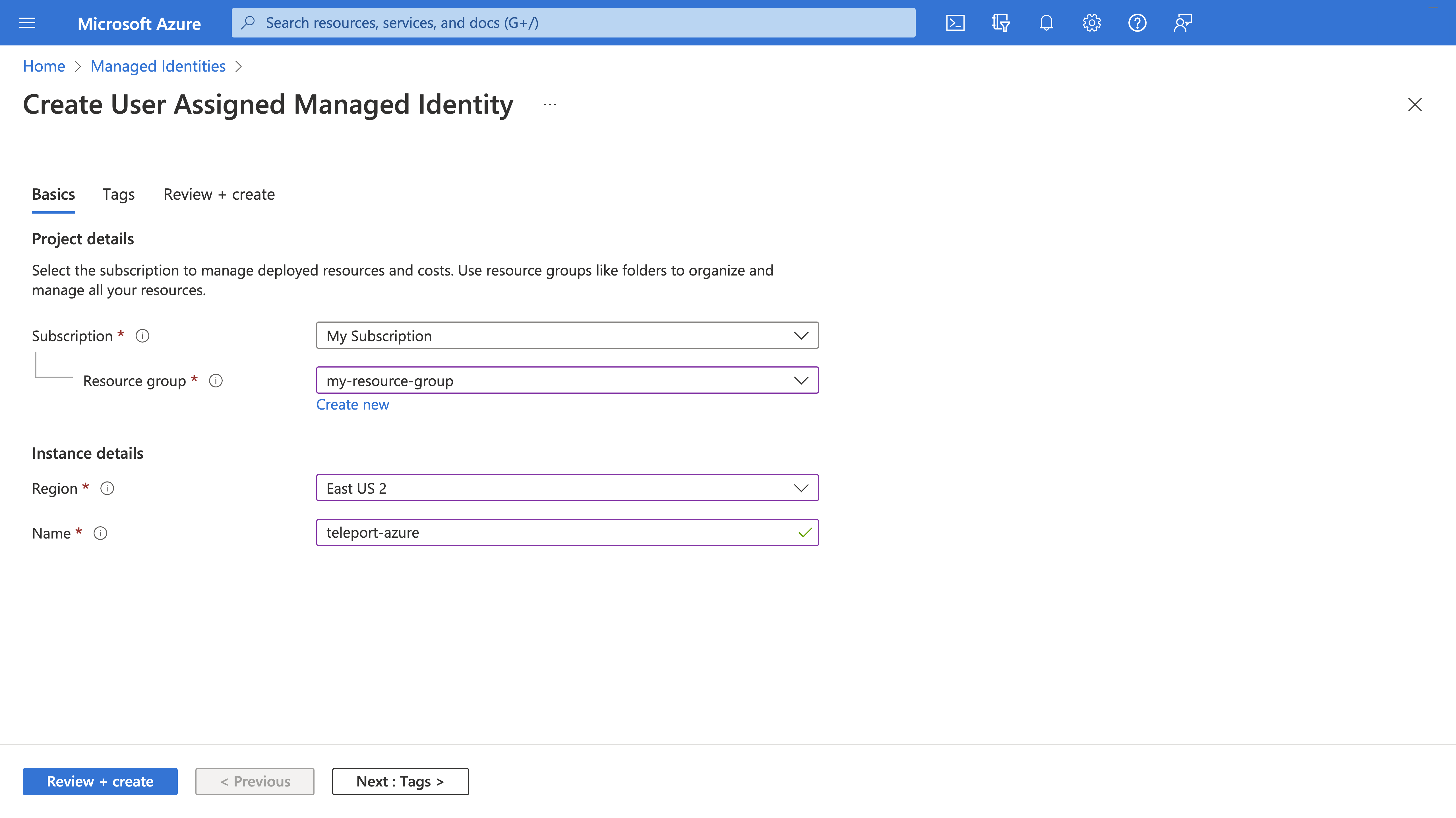 Azure 관리 ID 생성