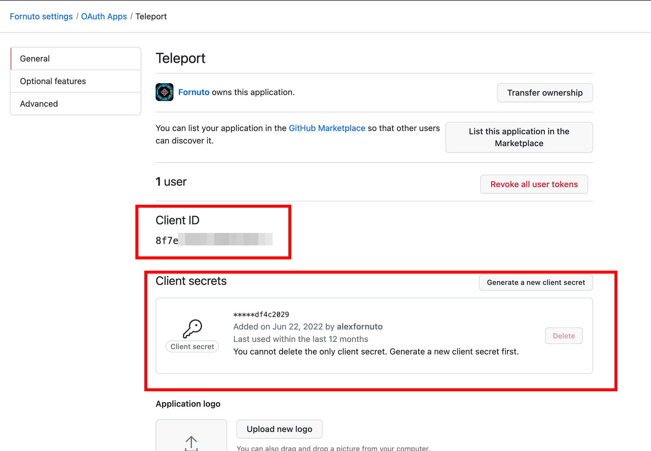 클라이언트 ID 및 비밀 강조 표시와 함께 GitHub Oauth 앱