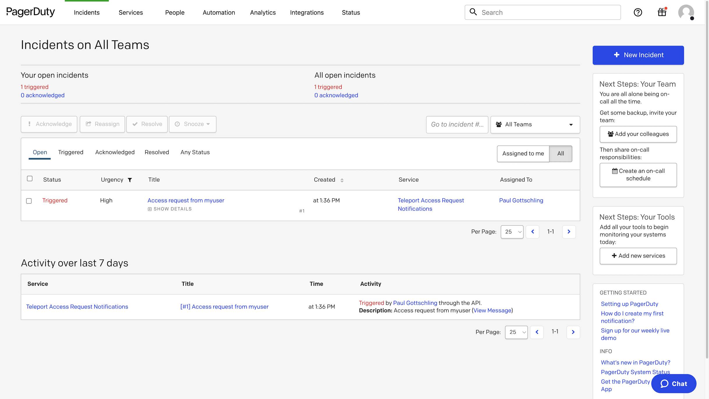 PagerDuty 대시보드에 표시된 접근 요청