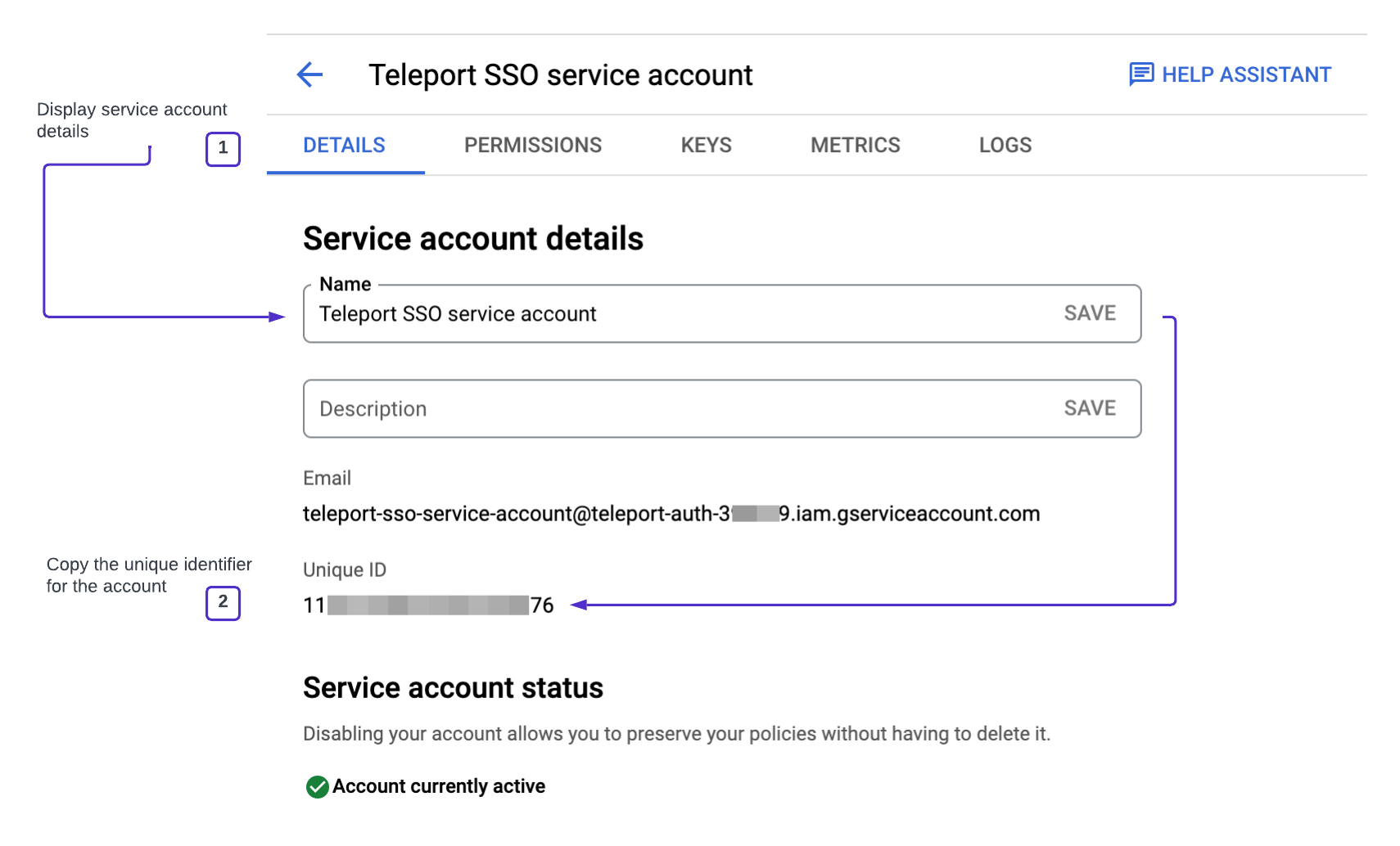 서비스 계정의 Unique ID 복사