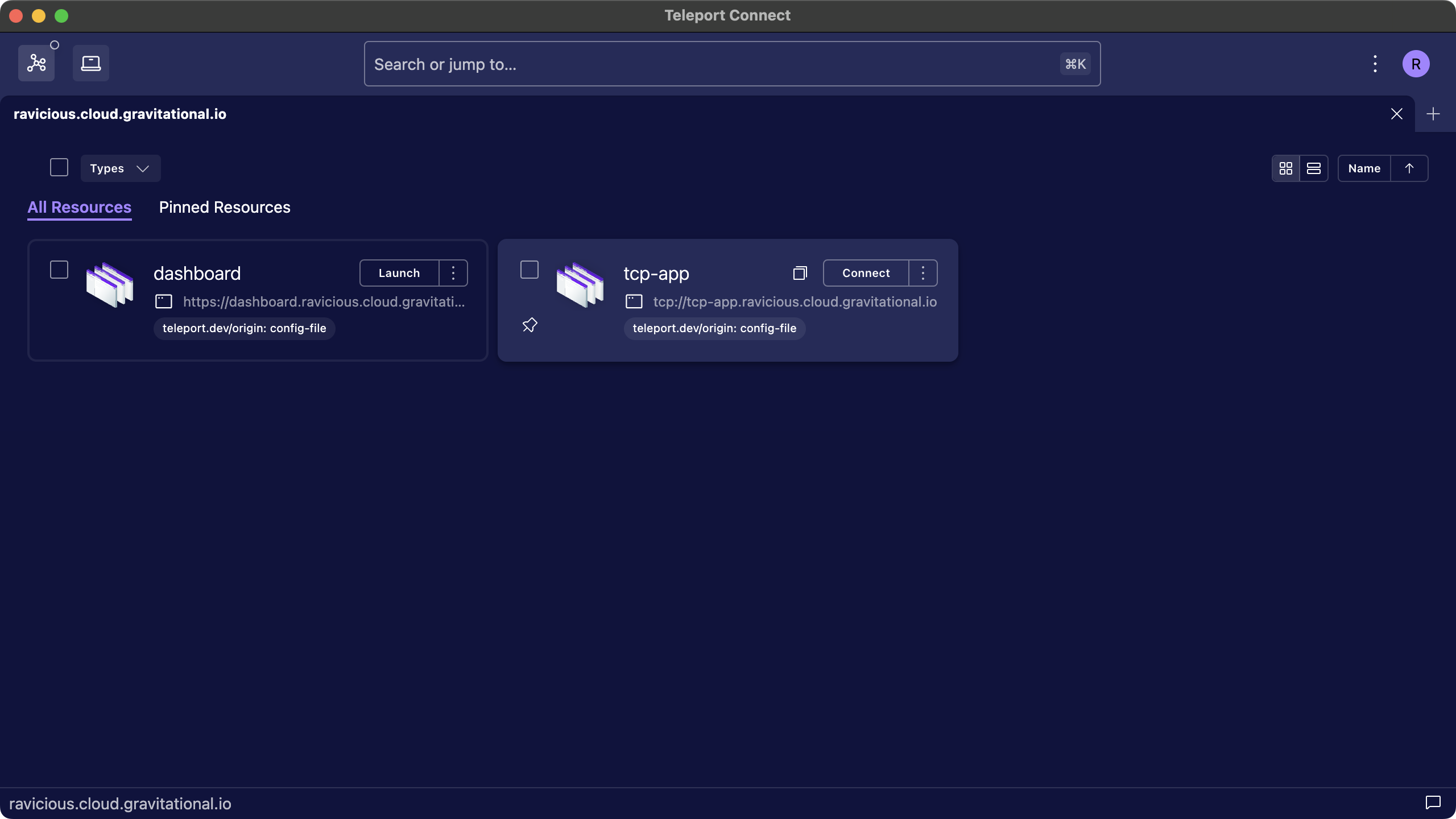 Teleport Connect의 리소스 목록에서 마우스를 호버링한 TCP