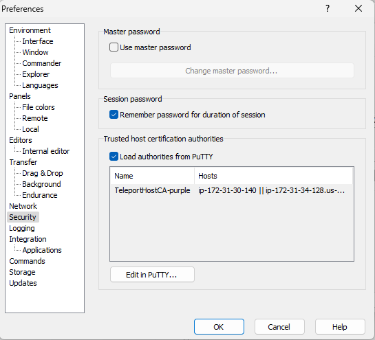 Click 'Security', Check 'Load authorities from PuTTY' then click
OK